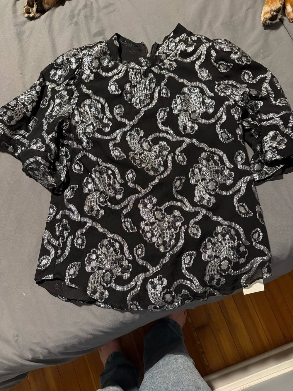 Rebecca Taylor Black Blouse with Silver Sequin Floral Scrolls